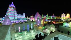 Spectacular illuminated ice sculptures at the Harbin Ice and Snow Festival in Heilongjiang Province, Harbin, China Stock Footage