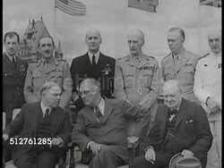 1943: ALLIED CONFERENCE: Canadian PM Mackenzie King sitting w/ President Franklin Delano Roosevelt (FDR) & British PM Winston Churchill: BG: Sir Charles Portal, General Alan Brooke, Admiral Ernest J King, Sir John Dill, General George C. Marshall. Instructional Video