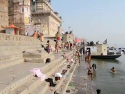 WS Bathers at river Ganges / Varanasi, Utter Pradesh, India  Stock Footage