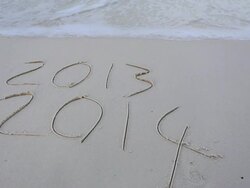 â€œ2014" word written on the sand Stock Footage