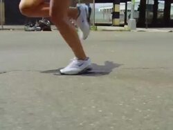 MS TS Girl running with shose on street /New York, New York, United States Stock Footage