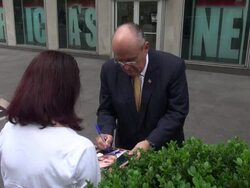 Rudy Giuliani exits the FOX & friends show and greets fans Stock Footage