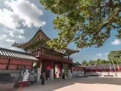WS T/L POV TS View of Haenggung (temporary palace) in Suwon Hwaseong Castle (Unesco World Heritage) / Suwon, Gyeonggi do, South Korea Stock Footage