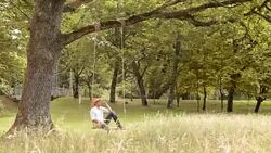 SLO MO DS Man with hat pondering on a swing Stock Footage