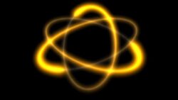 Yellow beams of light spiral in the shape of an atom. Stock Footage