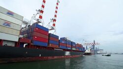 Shipyard working loading container cargo freight ship at sea Stock Footage