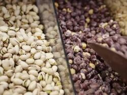 Boxes with salted nuts in the shop Stock Footage