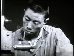 MOT 1948: REPUBLIC OF CHINA: FACTORY: VS Chinese male machinists working w/ UNRA (United Nations Relief and Rehabilitation Administration) machines in warehouse, planing, drilling. VS Workers finishing, testing hand pumps. Instructional Video