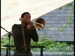 Jazz/Funk trombonist Dennis Rollins Badbone performing with band, Great Britain Stock Footage