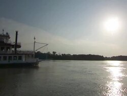 WS TS Steam boat moving in Hannibal Mississippi river / Hannibal, Missouri, United States Stock Footage