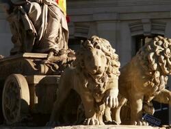 MS TU Shot of La cibeles fountain detail with Spanish flags / Madrid, Spain Stock Footage
