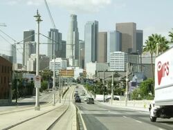 Static shot of city street looking toward skyscrapers in Los Angeles. Stock Footage
