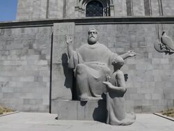 Yerevan, Matenadaran, Mashtots institue of ancient manuscripts, statue of Saint Mesrop Mashtots in the front of the museum Stock Footage