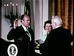 Chief Justice Warren E. Burger swears in President Gerald Ford on August 9, 1974. News Clip
