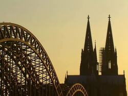MS Shot of Hohenzollern Bridge, Rhine and Dom at sunset / Cologne, North Rhine Westphalia, Germany Stock Footage