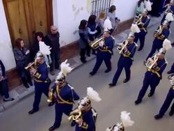 MS POV Marching band walking through streets / Archdona, Andalusia, Spain  Stock Footage