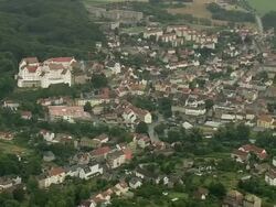 AERIAL Colditz Castle and surrounding town, Colditz, Saxony, Germany Stock Footage