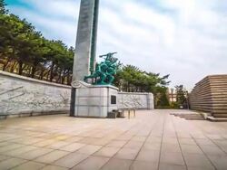MS TS POV T/L View of Freedom Memorial Statue in Operation Chromite memorial hall / Incheon, South Korea Stock Footage