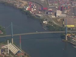 MS AERIAL Shot of Hamburg Kohlbrand bridge / Germany Stock Footage