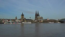 Rhine River, Old Town with Cathedral, Gross St. Martin's Church and Rhine River, Cologne, North Rhine-Westphalia, Germany Stock Footage