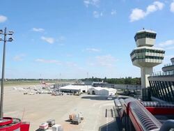 Airport with aircraft and radar tower Stock Footage