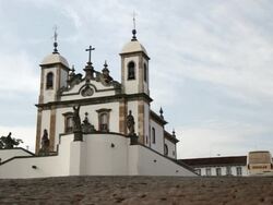 MS Shot of historical church with twelve sculptures of old testament prophets handmade by aleijadinho (baroque artist) / Congonhas do Campo, Minas Gerais, Brazil Stock Footage