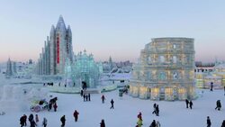 Spectacular illuminated ice sculptures at the Harbin Ice and Snow Festival in Heilongjiang Province, Harbin, China Stock Footage