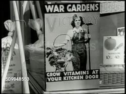 1943: DRAMATIZATION: PERSONAL VICTORY GARDEN:  EXT Seed store. Man walking into store, CU War Gardens poster, man buying seeds, hoe, saying only way to get what you want to eat, grow it yourself. CU Seed packets on counter. Food shortage, WWII Instructional Video