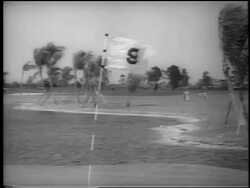 B/W 1962 tilt down wind blowing flag + pond at Ninth Hole at Doral-Ryder Open / Miami / newsreel Stock Footage