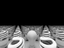 CGI birds eye view of infinite new bulbs, one old bulb in center flying down, DOLLY toward new bulb and ZO while bulb glowing Stock Footage