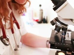 Close up microscope and slide Stock Footage