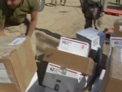 February 2009 MS PAN TU View of soldiers arranging boxes / Bakwa, Farah Province, Afghanistan  Stock Footage