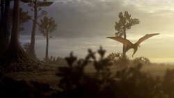 A Quetzalcoatlus takes flight near trees in a computer-generated animation. Stock Footage