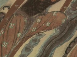 CU TU Shot of Buddhism mural of flying asparas in Mogao Grottoes / Dunhuang, Gansu Province, China Stock Footage