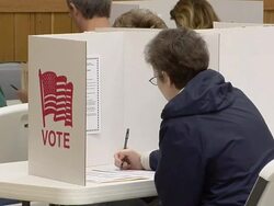 MS, Man sitting in voting booth, New Knoxville, Ohio, USA Stock Footage