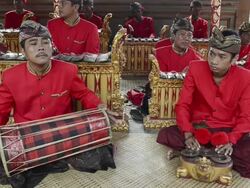 MS Gamelan musicians are playing  traditional balinese Gamelan orchestra in asia AUDIO / Batubulan, Bali, Indonesia Stock Footage