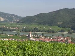Weissenkirchen on Danube River in Austria PAN Stock Footage