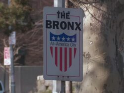 Close up on the sign for The Bronx "All-American City" near a tree as cars and pedestrians pass behind during the day Stock Footage