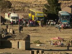 Wide of traditional drummers at spring festival, Cala Cala, Bolivia Stock Footage