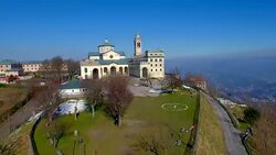 Drone view of the Christian sanctuary Â“Madonna della GuardiaÂ”, Italy Stock Footage