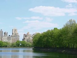 WS View of Clouds over fresh green trees and Central Park East Residences at Reservoir / New York, United States  Stock Footage