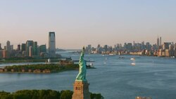 'WS AERIAL TS Shot of Statue of liberty City  / New York City, United States' Stock Footage
