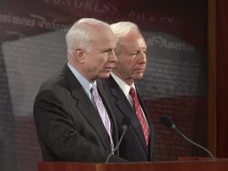 June 2009 MS Senators John McCain and Joseph Lieberman criticising the Obama administration's policy on the post-election unrest in Iran / Washington D.C. / June 25, 2009 / AUDIO Stock Footage
