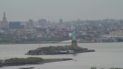 'WS AERIAL View of Statue of liberty, skyline in city / Kearny NJ to Culpepper VA, United States' Stock Footage