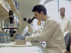 MS PAN Male laboratory technician looking into microscope and making notes in Cancer research  Healthcare medicine Industry DNA sequencing Laboratory / Vancouver, BC, Canada    Stock Footage
