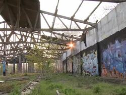 WS POV Graffiti on building in eastern / Brandenburg, Germany   Stock Footage