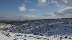 Time Lapse, Judea Mountains with olive trees in winter snow,view from Jerusalem Stock Footage