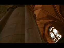 MCU Low angle, Pan right across pillar and vaulted ceiling of church, Guildhall, London, England Stock Footage