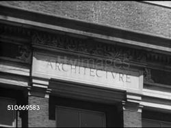 1951: HARVARD UNIVERSITY: SCHOOLS: WS Graduate School of Design building, 'Architecture' lettering carved above doorway, students in classroom, VS Table model w/ commercial buildings & landscape design, possibly office park or suburban campus. Instructional Video