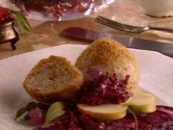 Cooked dumplings and red cabbage on plate Stock Footage